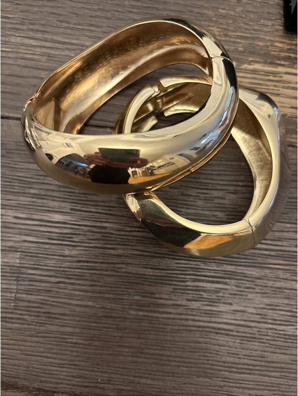 2 Shiny Gold Tone Abstract Bangle Bracelets Hinged